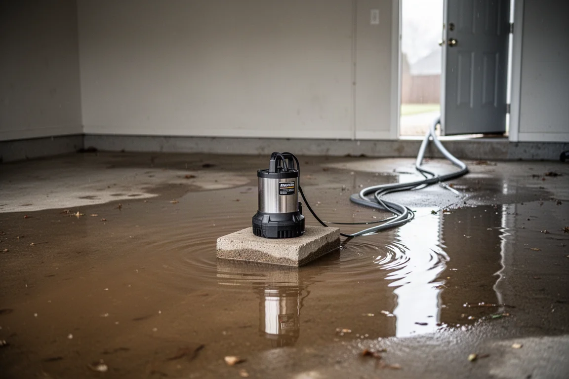 Pavimento di un garage allagato con una pompa a batteria pronta su terreno asciutto