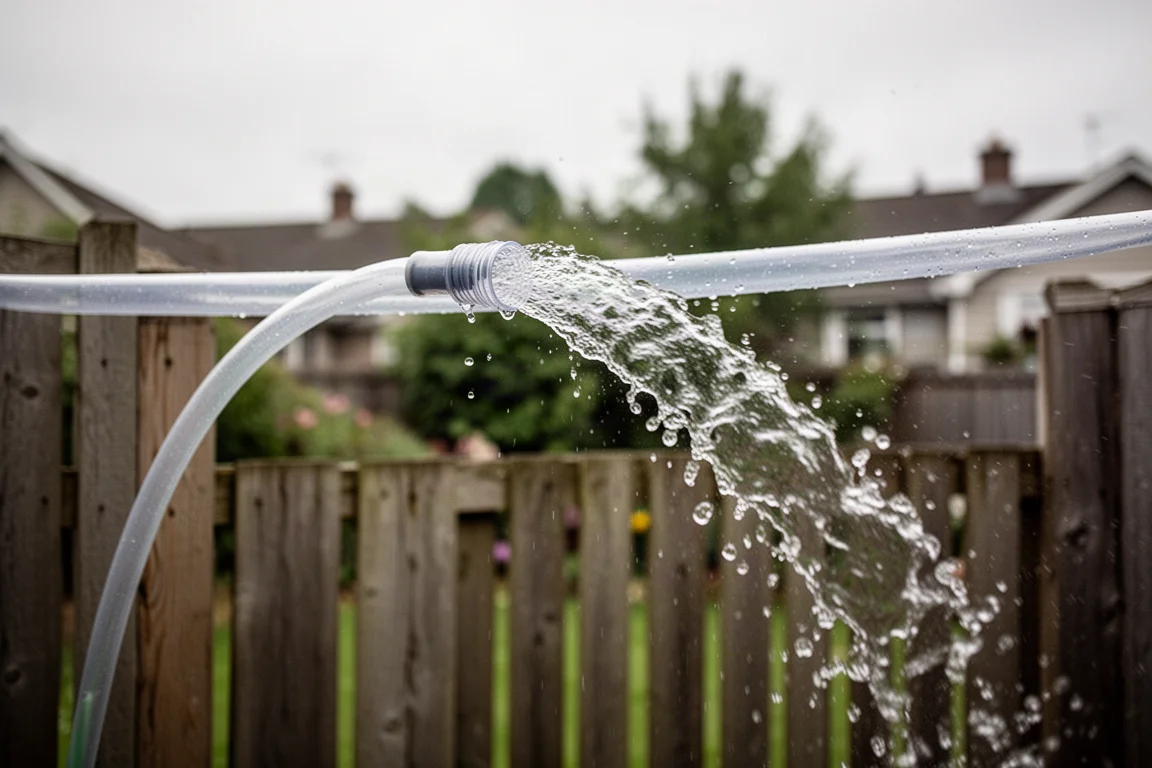 Tubo trasparente che corre lungo una recinzione erogando un getto d'acqua potente