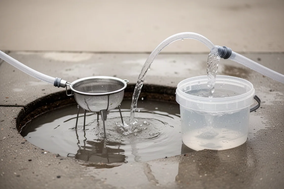 Acqua pompata da una piccola fossa in un secchio tramite un tubo trasparente