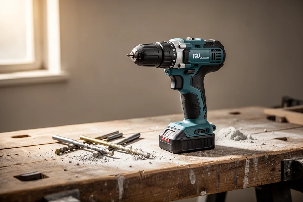 Compact cordless drill held in one hand on a workbench
