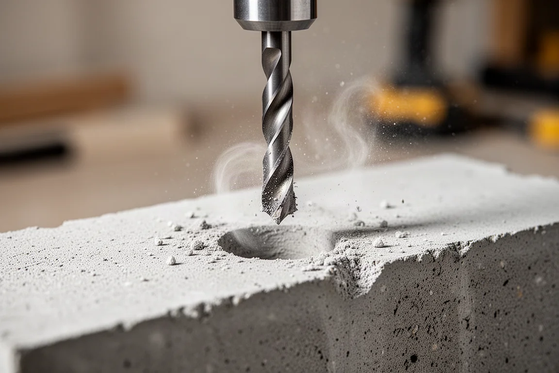 Close-up of a masonry drill bit biting into concrete block