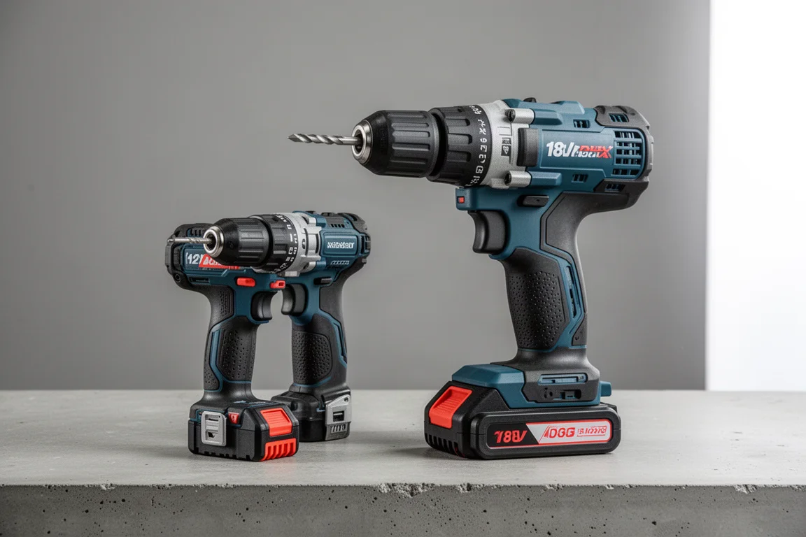 Two cordless drills of different sizes side by side for scale
