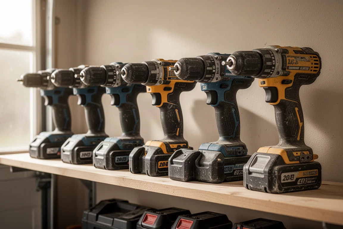 Well-used cordless tool lineup laid out on a garage shelf