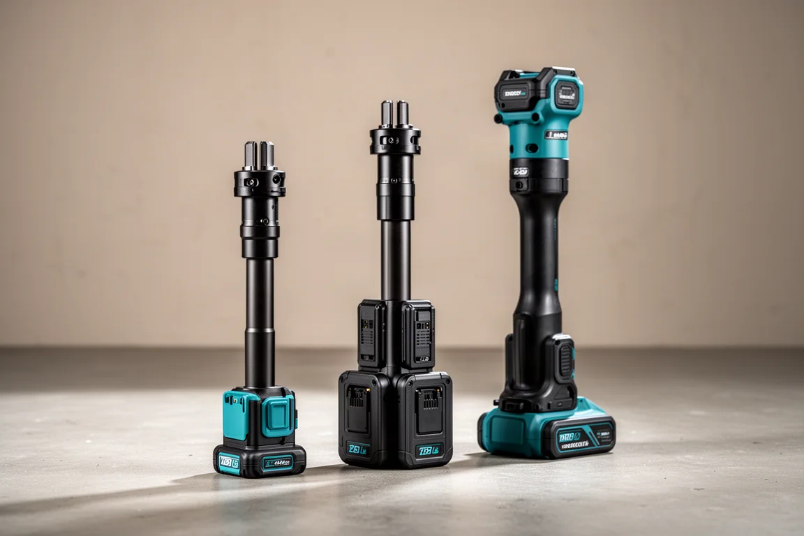 Drie Makita power heads rechtop in een rij op beton