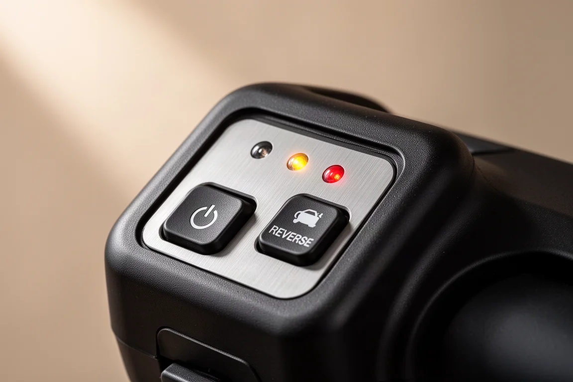 Close-up van het bedieningspaneel van een power head met snelheidslampjes en omkeerknop