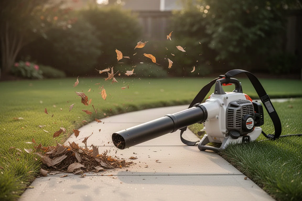 Achtertuin die wordt schoongeblazen met een split-shaft blazeropzetstuk