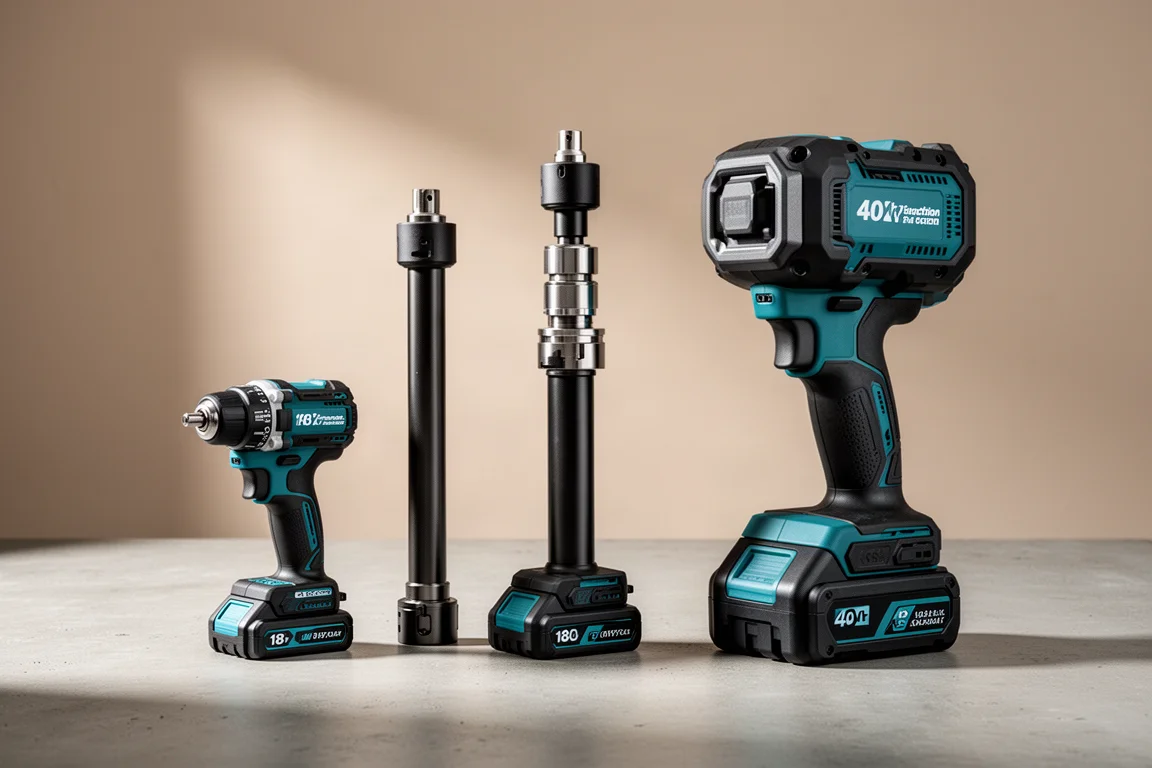 Three Makita split shaft power heads lined up on a concrete surface