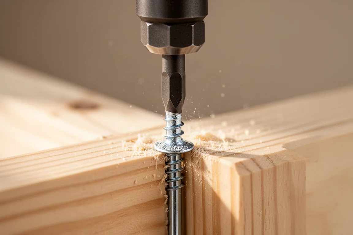 Nahaufnahme eines Schlagschrauber-Bits, das eine lange Schraube in Holz versenkt