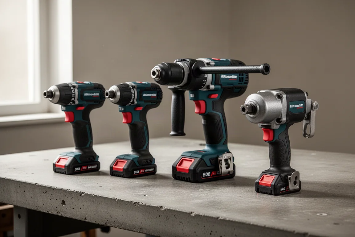 Lineup of cordless impact drivers, a hammer drill, and an impact wrench on a concrete workbench