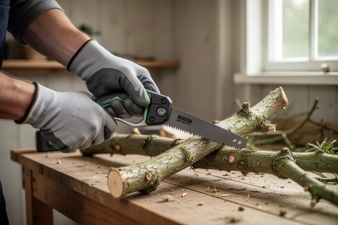 Mani con guanti da giardiniere che impugnano una compatta motosega da potatura a batteria accanto a un ramo
