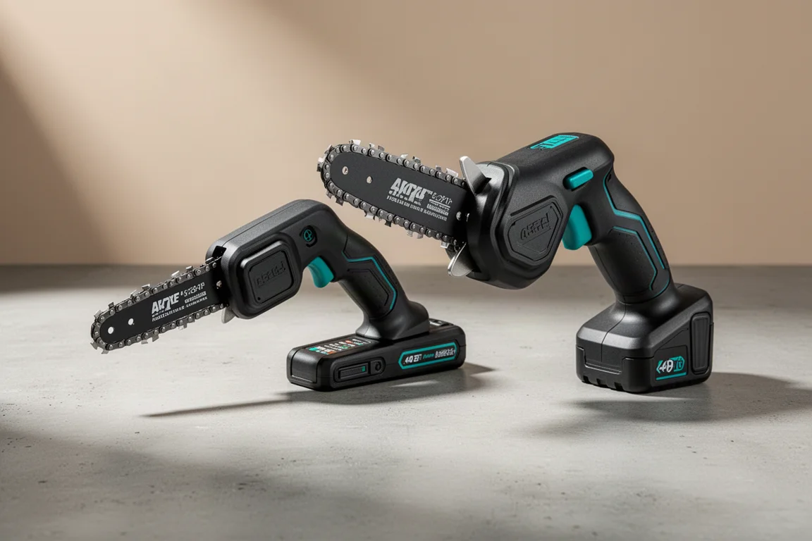 Makita 12V and 18V pruning saws side by side on a concrete surface