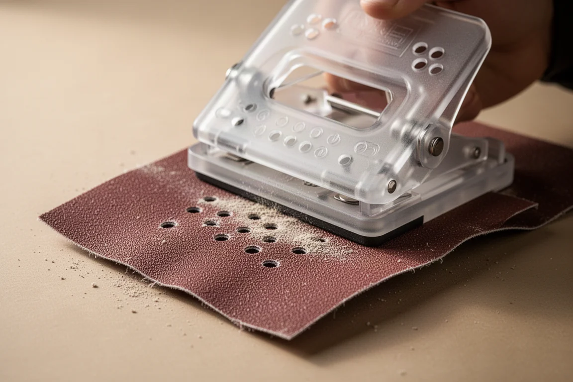 Lochstanzplatte wird auf das Pad eines Schleifers gedrückt, um Staublöcher im Schleifpapier auszurichten