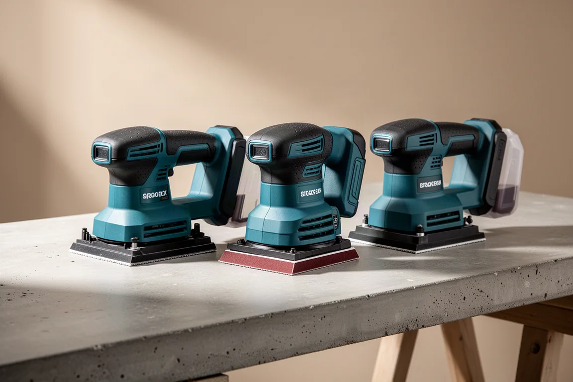 Three Makita quarter sheet sanders lined up on a concrete workbench