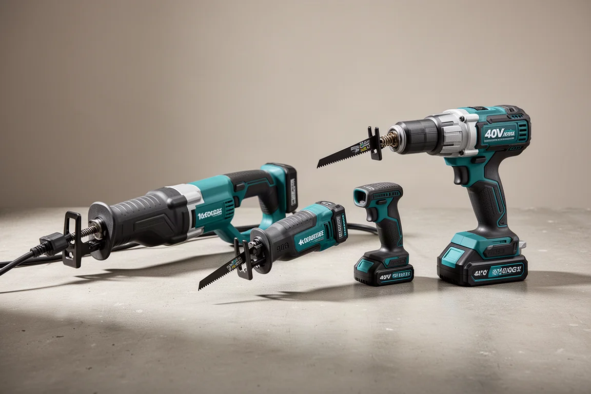 Three Makita reciprocating saws, corded and cordless, lined up on a concrete surface