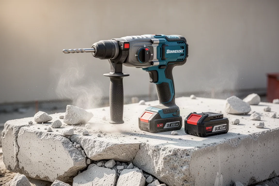 Trapano demolitore SDS a batteria appoggiato su una lastra di calcestruzzo rotta