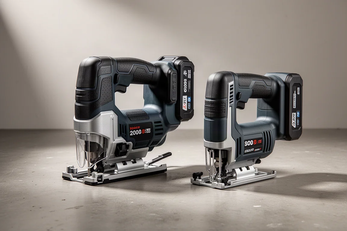 Two cordless Makita plunge saws side by side on a concrete floor