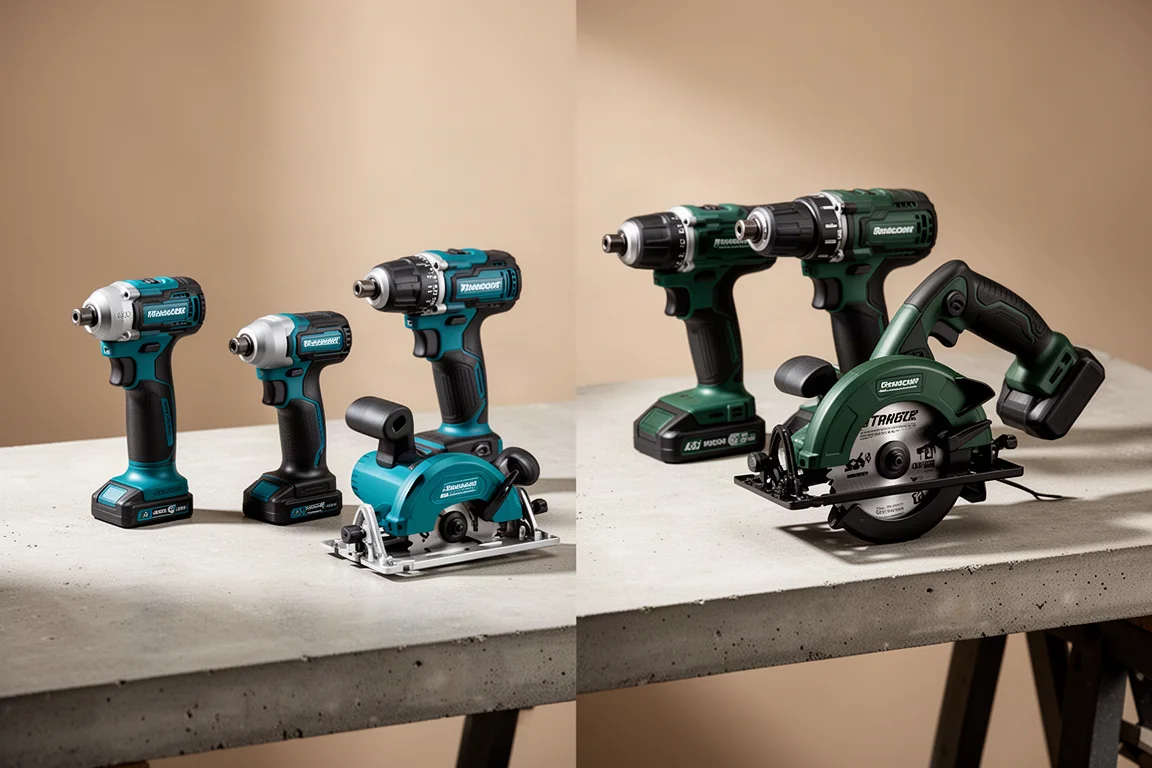 Two groups of compact cordless power tools arranged side by side on a concrete workbench