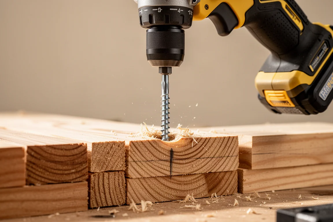 Atornillador de impacto inalámbrico insertando un gran tornillo de madera estructural en madera gruesa
