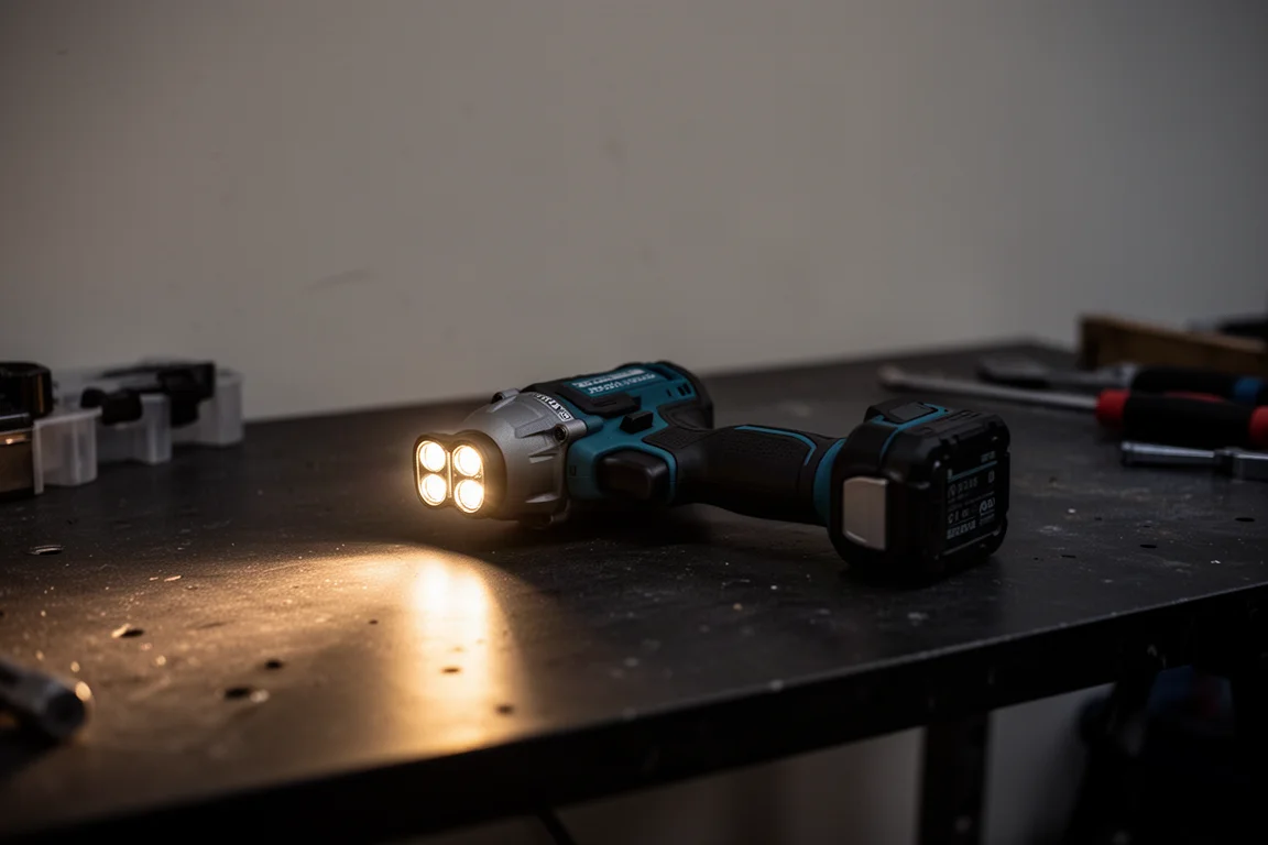 Luces frontales de un atornillador de impacto iluminando una esquina oscura del taller de noche