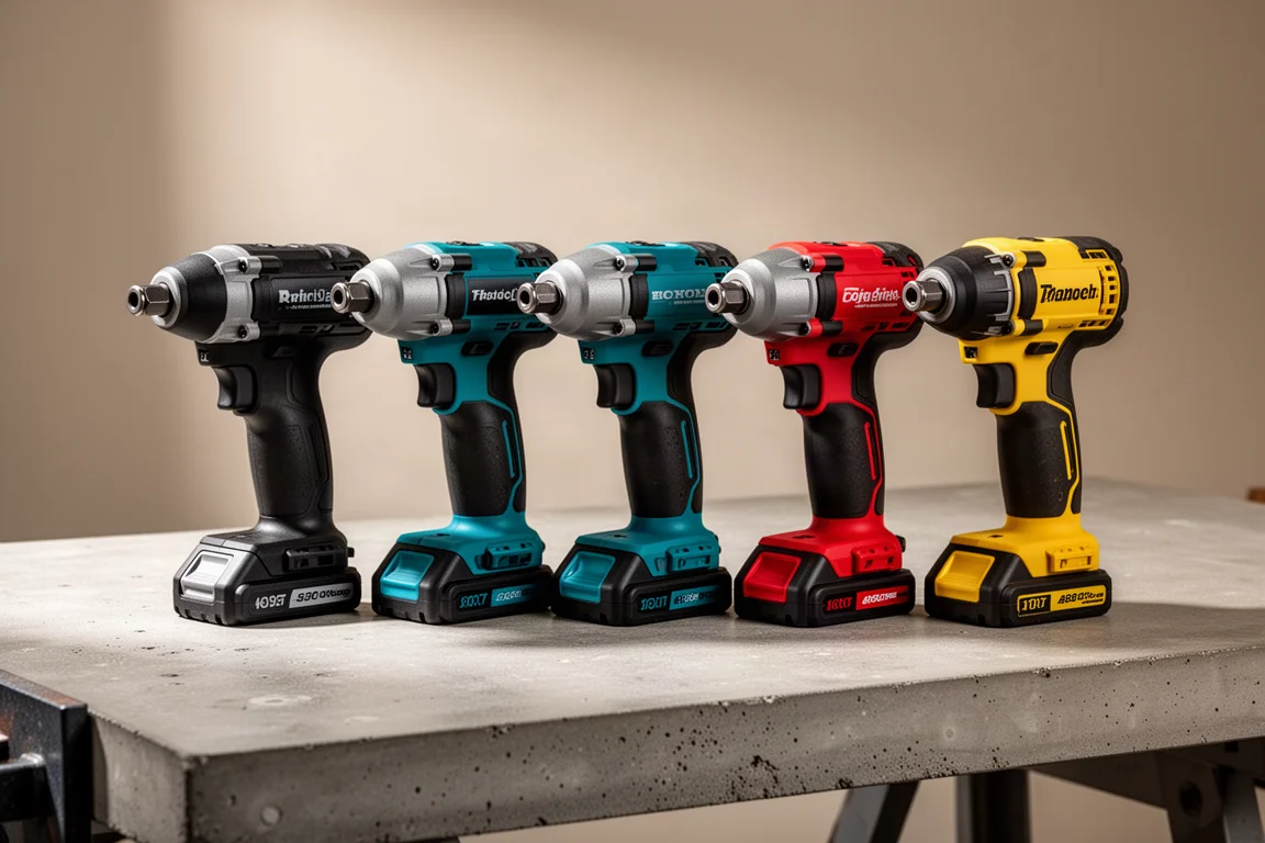 Six cordless impact drivers lined up on a concrete workbench