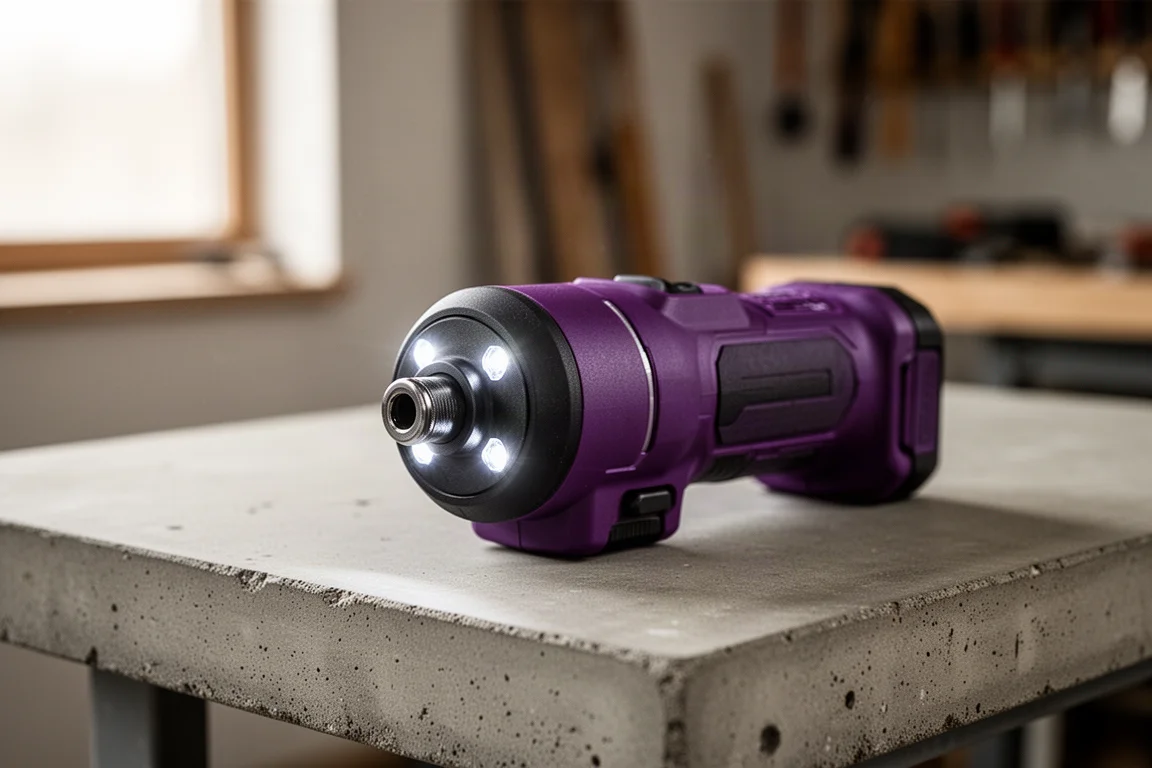 紫色 Makita 衝擊起子機放在工作枱上,LED 燈亮著