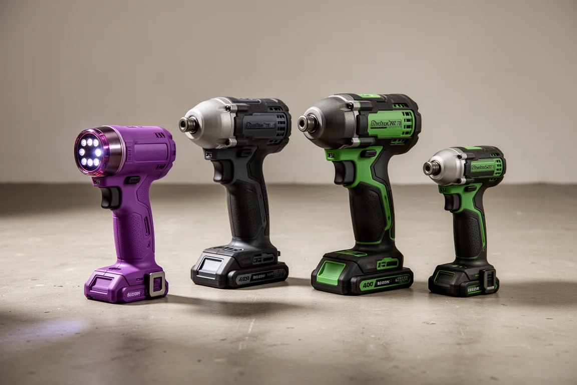 Four cordless impact drivers lined up on a concrete workshop surface