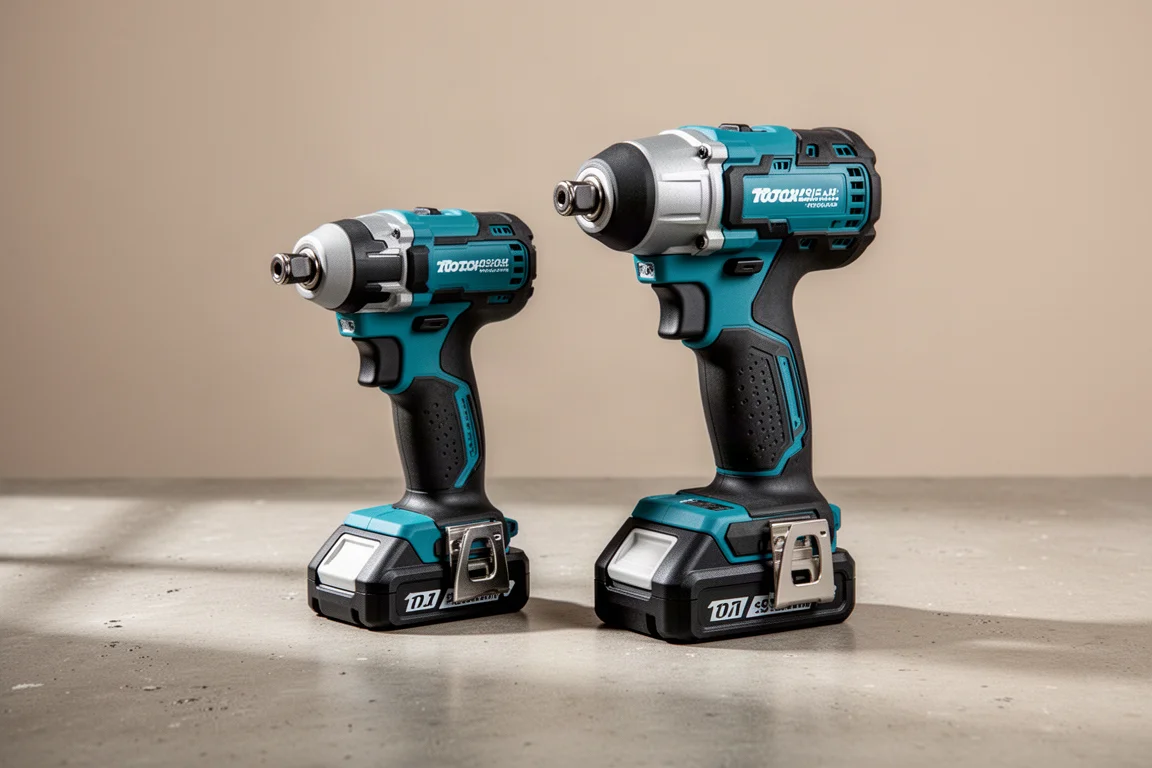 Two Makita cordless impact drivers standing side by side on a concrete surface