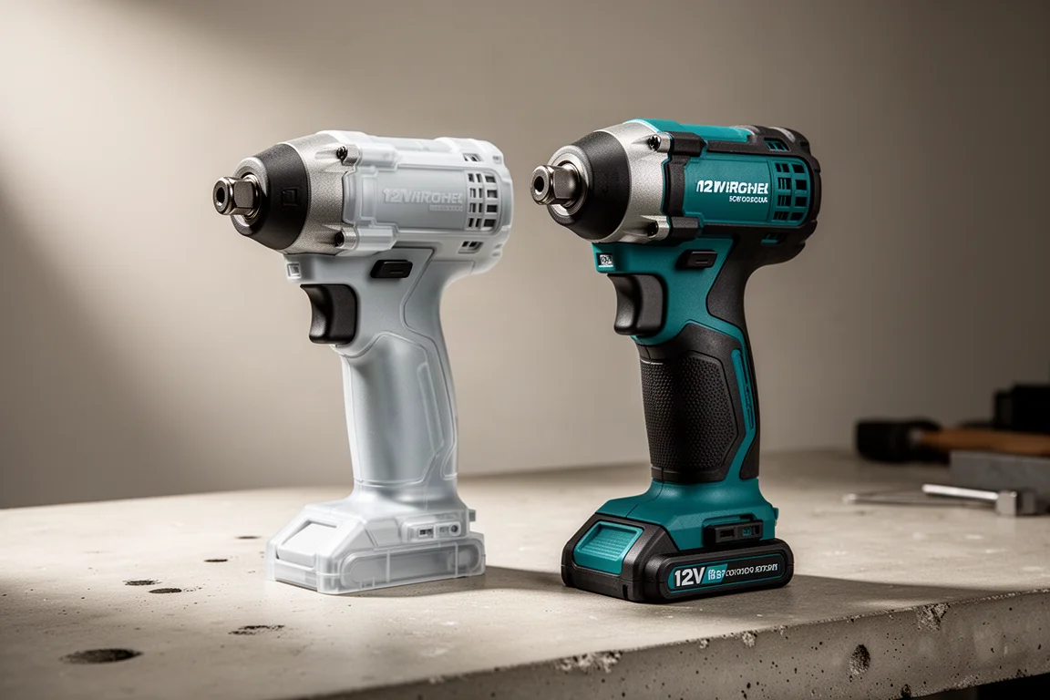 Makita TD112D and TD111D 12V impact drivers side by side on a concrete workbench