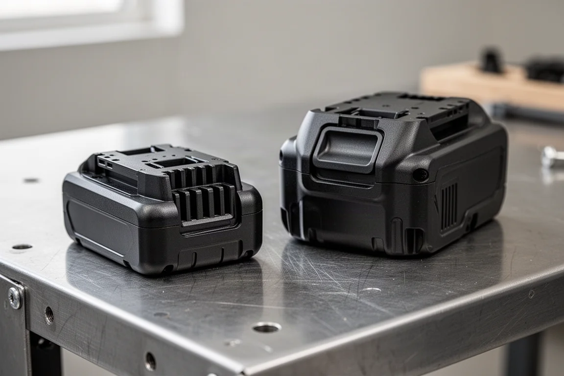 Duas baterias Makita lado a lado mostrando a diferença de trilho entre 14.4V e 18V