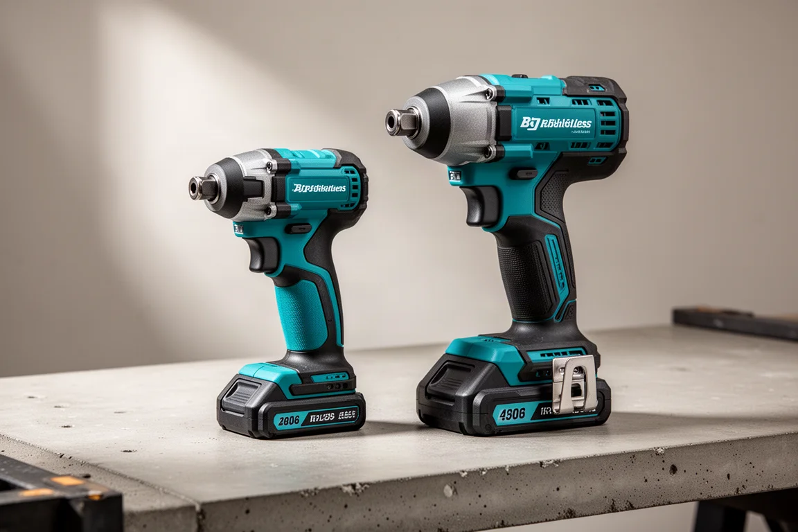 Compact black-and-teal impact driver beside a larger teal 18V impact driver on concrete