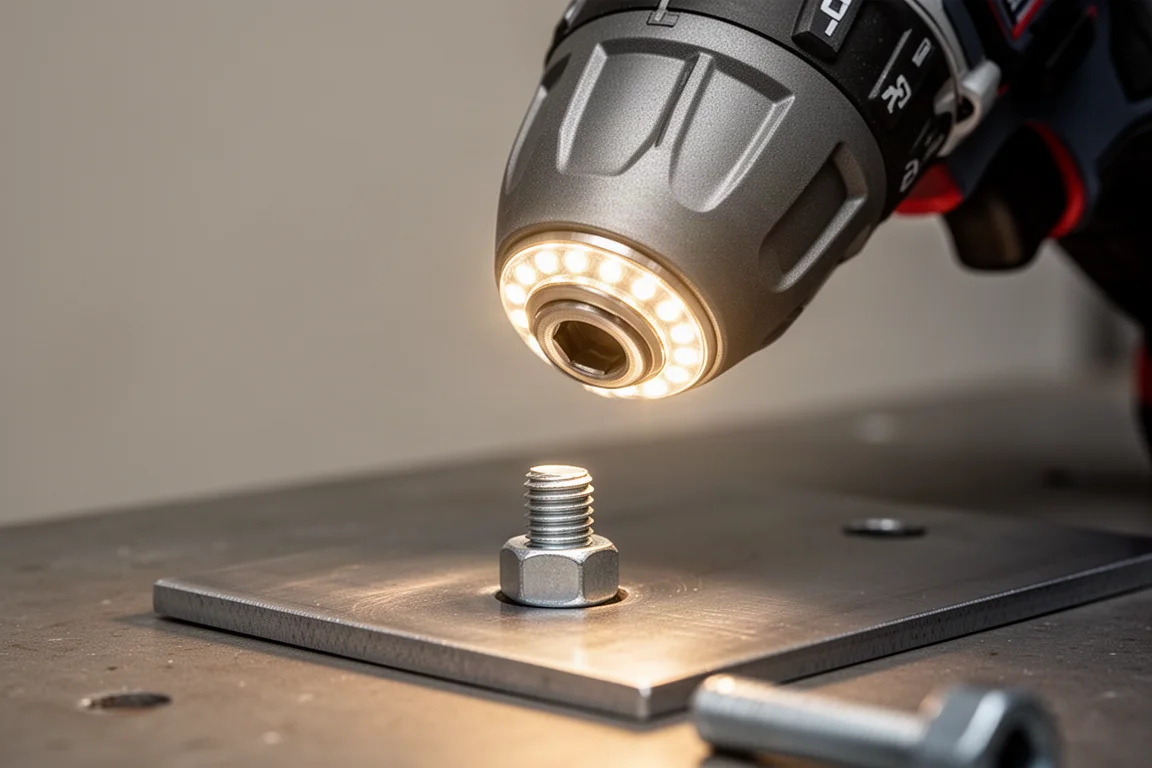 Gros plan sur le nez d'une visseuse à chocs avec un anneau de LED illuminant une fixation