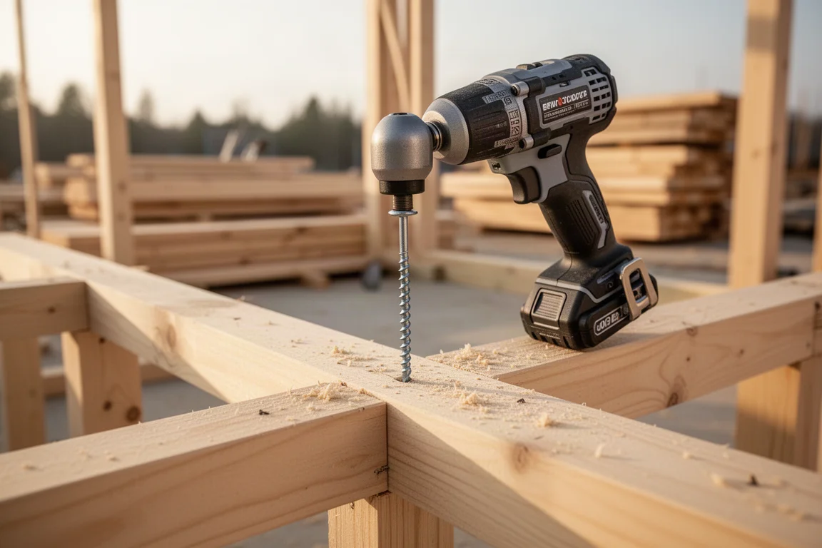 Visseuse à chocs compacte enfonçant une vis dans une ossature en bois sur un chantier