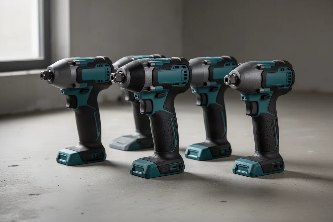 Four cordless impact drivers lined up on a matte concrete workshop floor