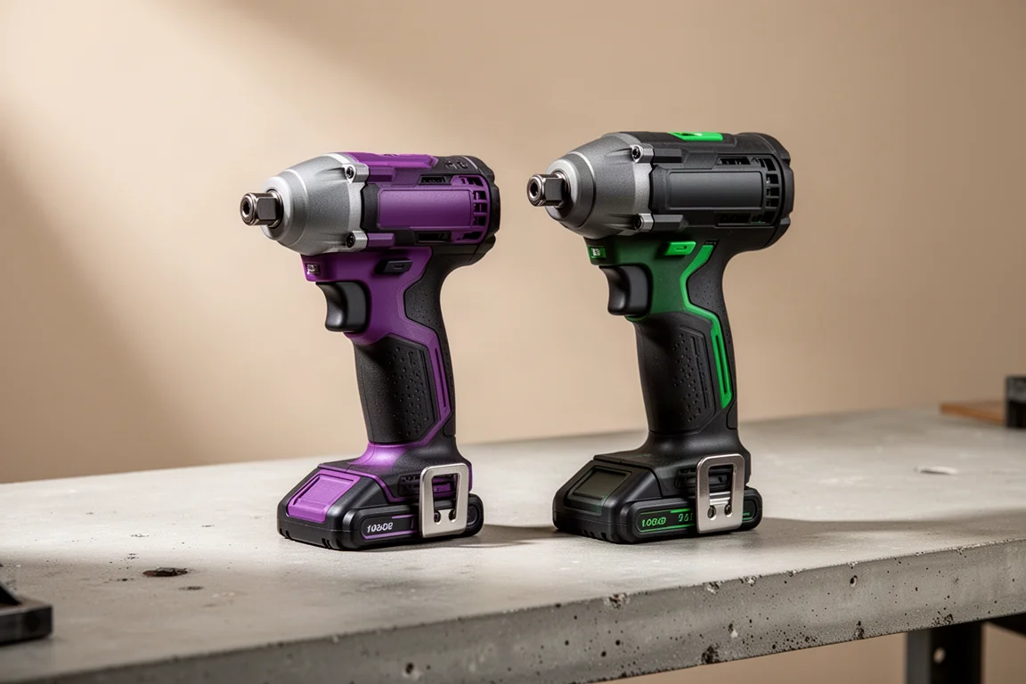 Two cordless impact drivers side by side on a concrete workbench