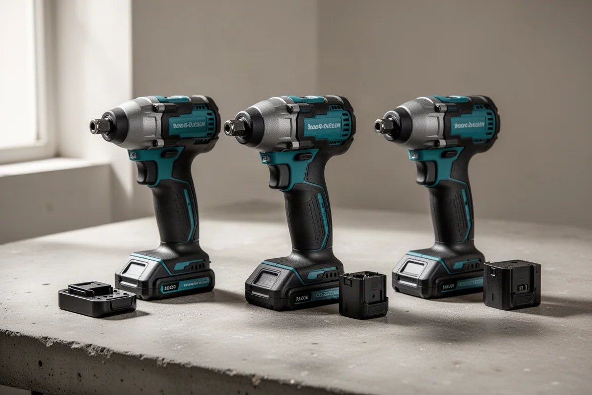 Three cordless impact drivers lined up on a concrete workshop surface
