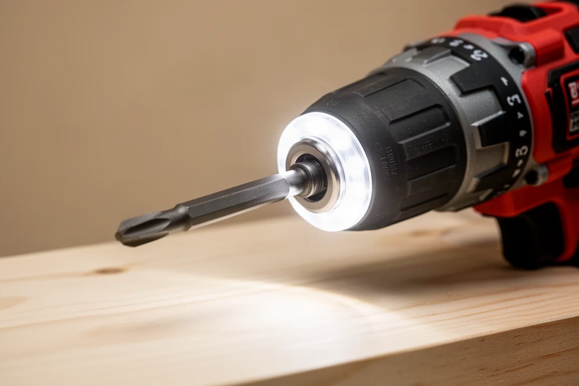 Cordless impact driver with LED ring light illuminating a work surface