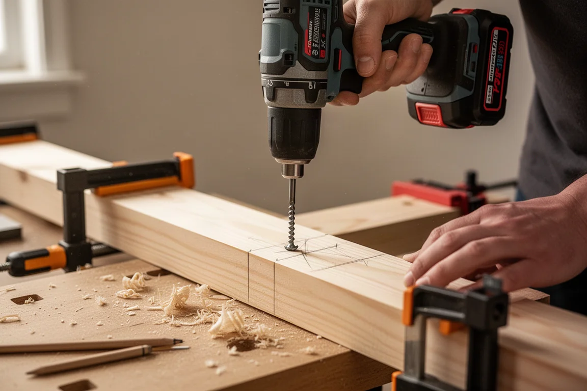 Driver driving a screw into timber in a workshop setting