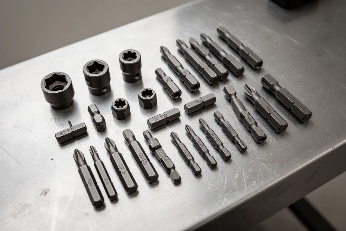 Assortment of Japanese-spec driver bits laid out on a workbench