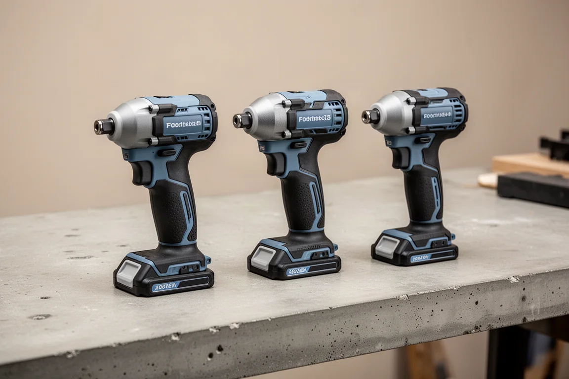 Three cordless impact drivers lined up on a workbench for comparison