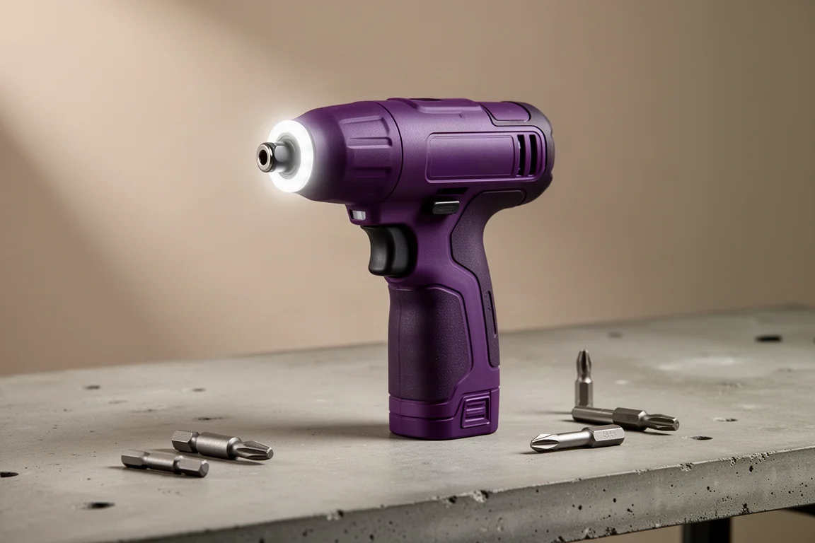 Makita TD173D purple cordless impact driver with LED ring light on a workbench