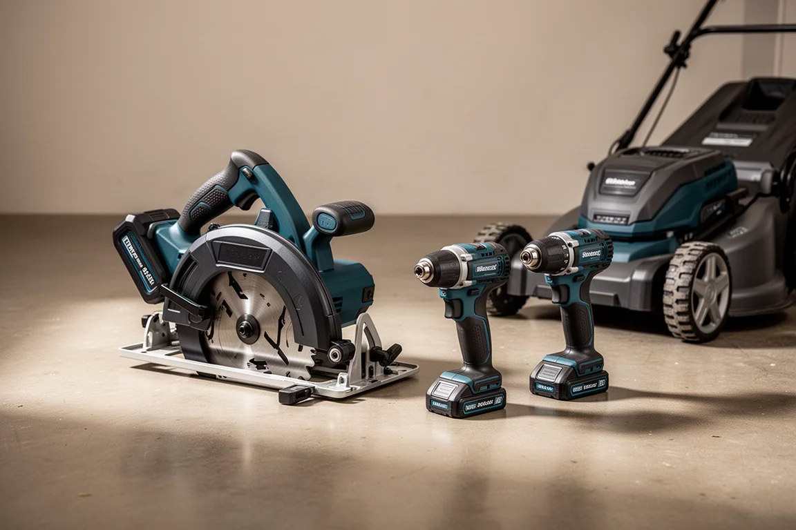Assortment of Makita cordless power tools on a concrete workshop floor