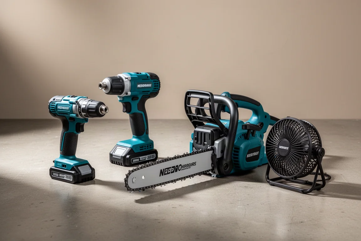 Assortment of teal and black cordless power tools on a concrete workshop floor