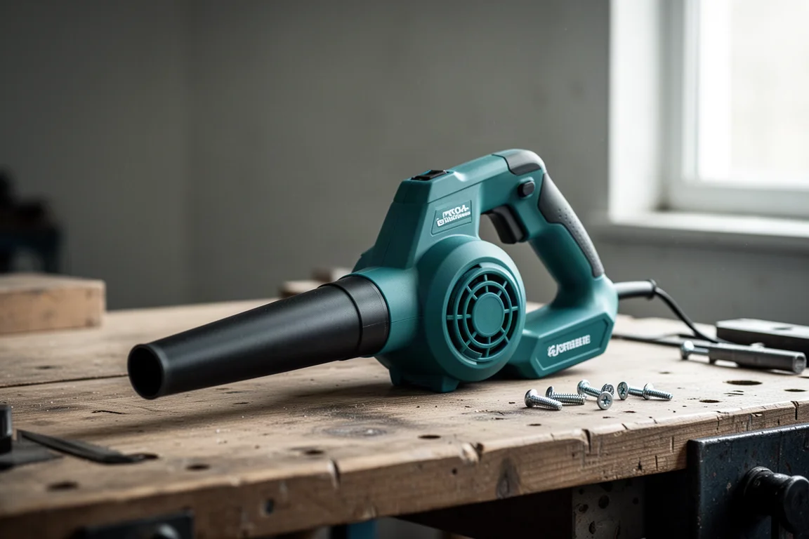 Compact cordless blower sitting on a workshop bench in soft window light