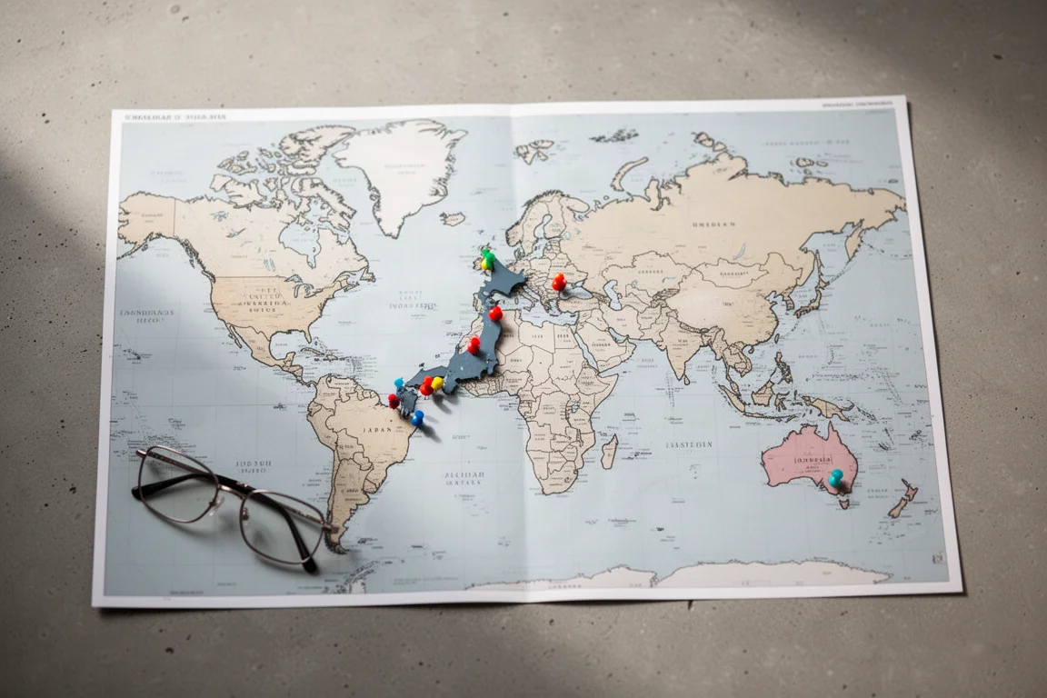 World map with colored markers suggesting international price comparison