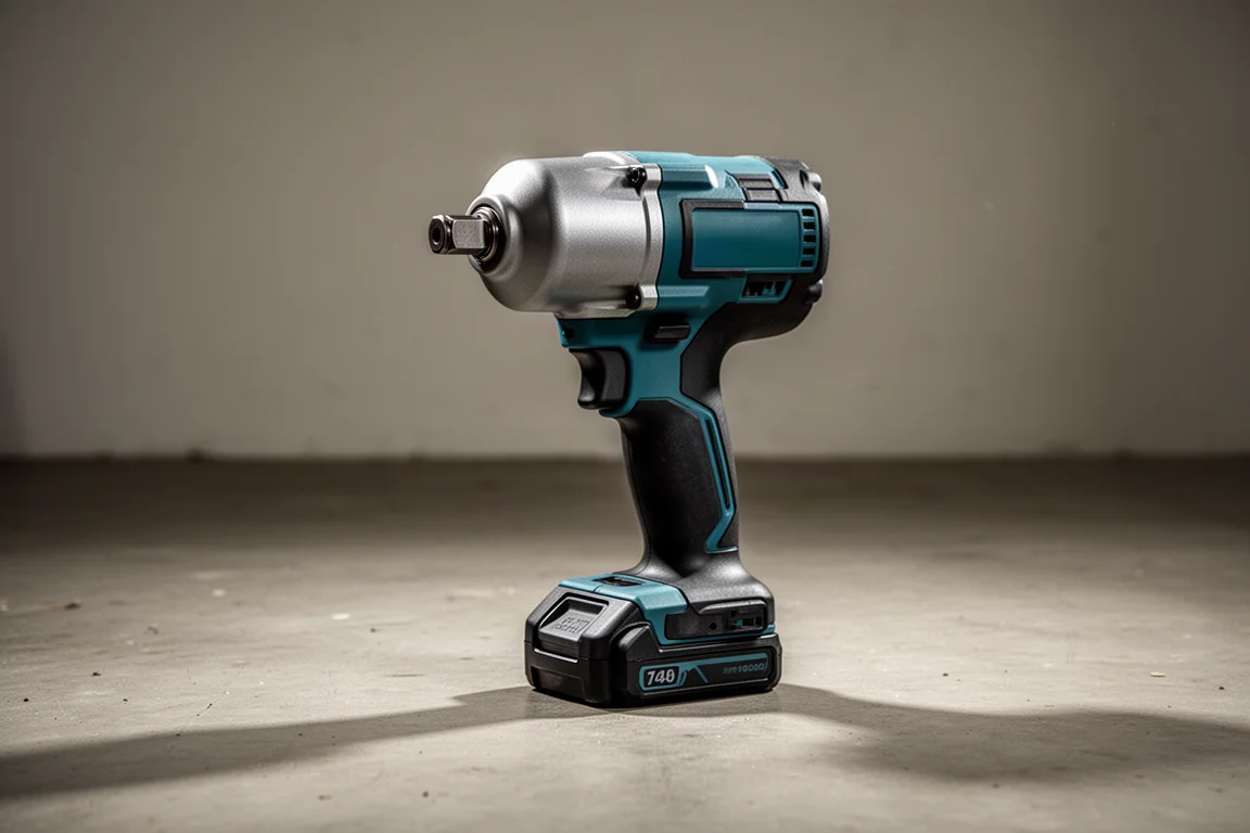 Cordless impact wrench standing upright on a concrete workshop floor