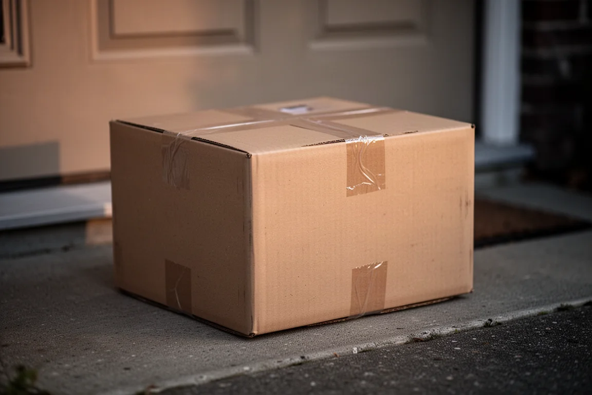 Packaged parcel ready for international shipping on a doorway step