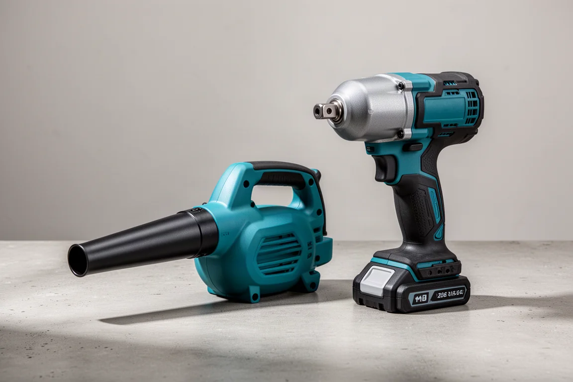 Compact cordless blower and impact wrench side by side on concrete