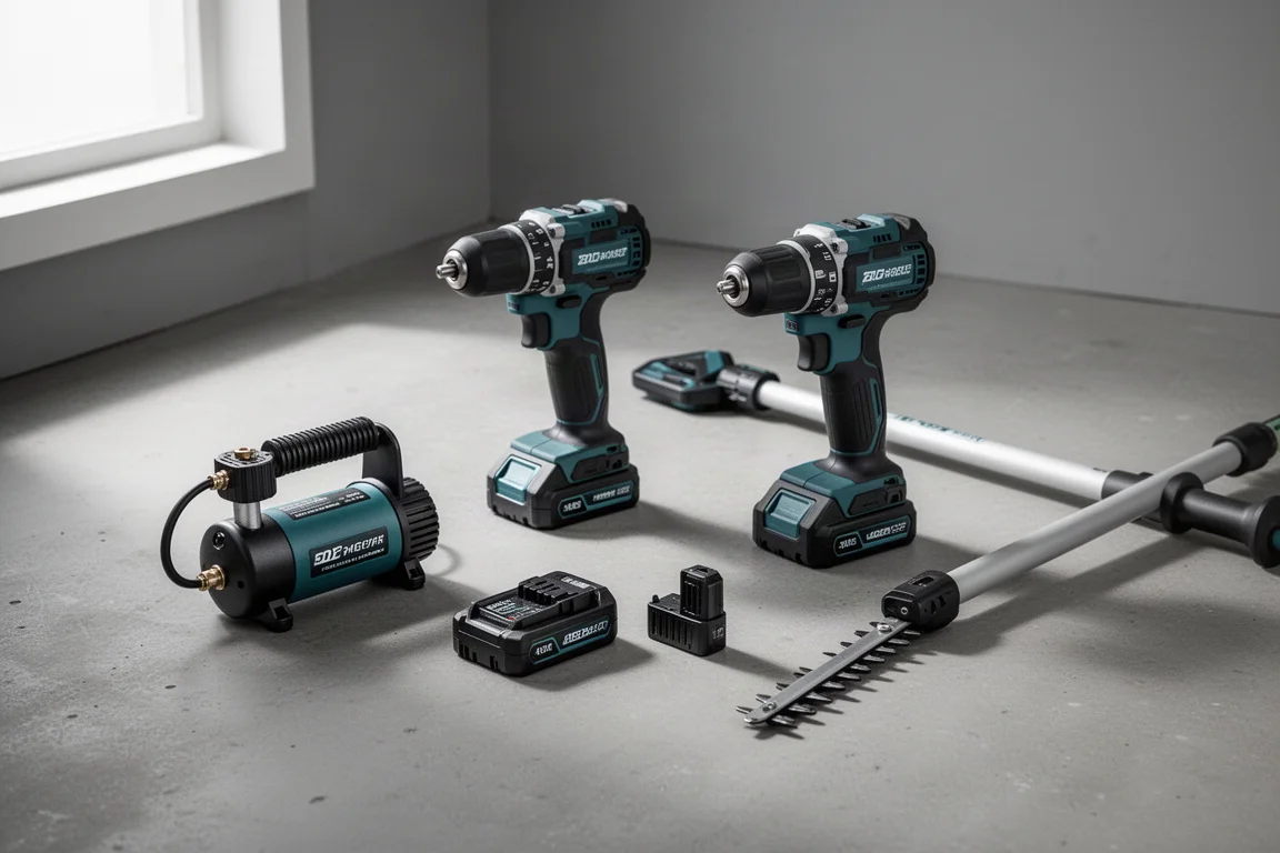 Assorted cordless power tools arranged on a concrete workshop floor