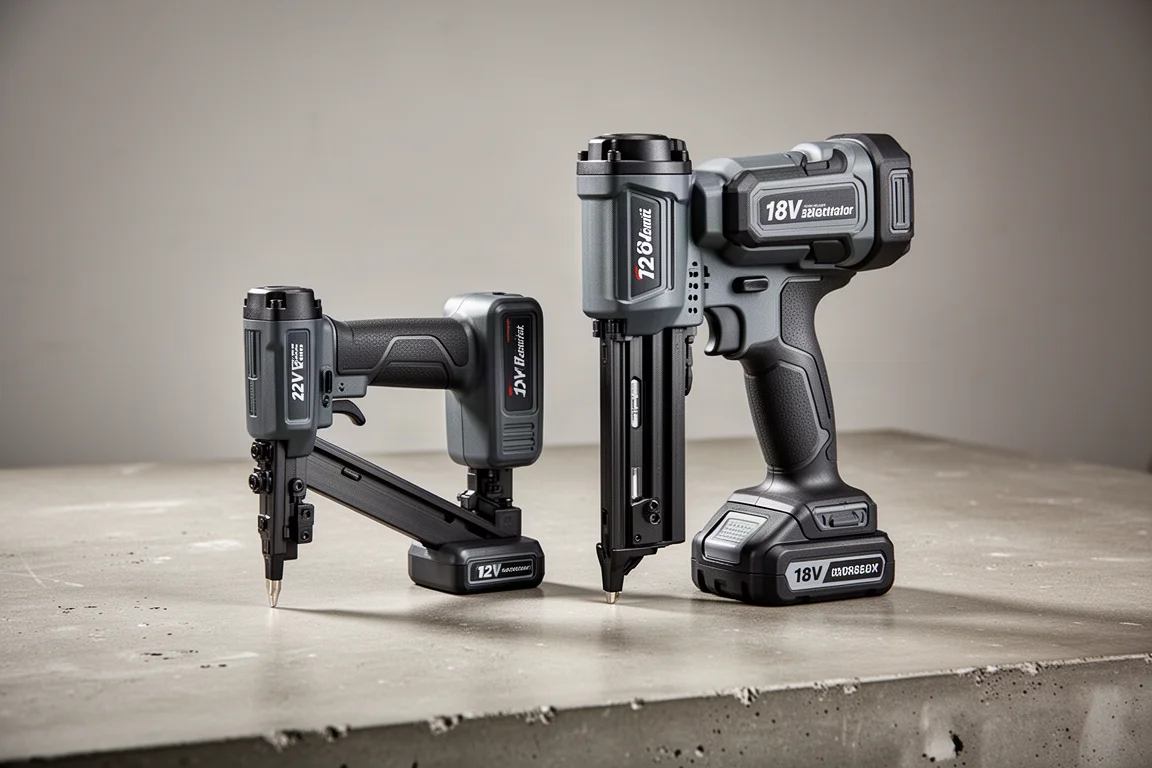 Two cordless pin nailers side by side on a concrete workshop surface
