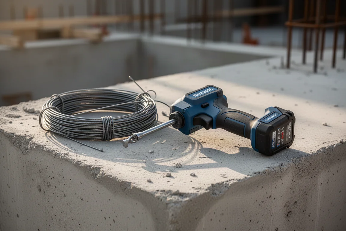 Outil de ligature de barres d'armature posé sur une dalle de béton avec une bobine de fil à côté